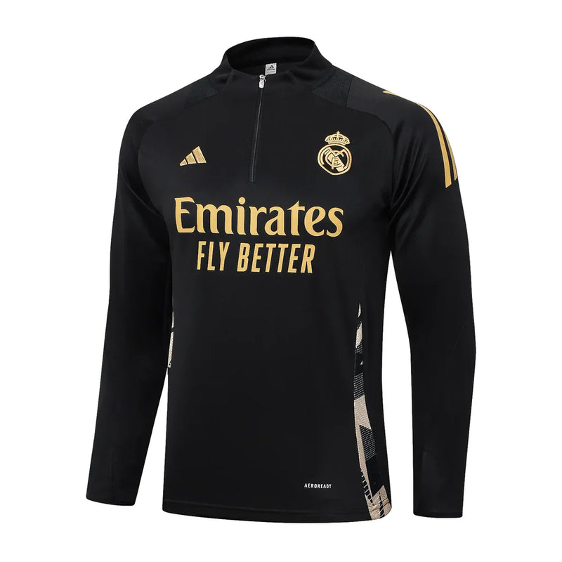 Conjunto Real Madrid Zíper Curto Treino Preto e Dourado